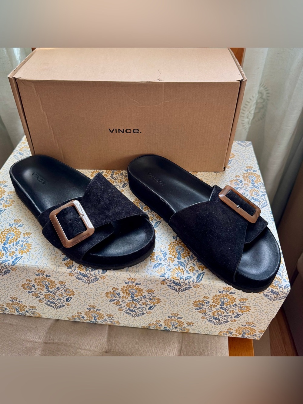 Vince Black Suede Slide Mules with Brown Buckle